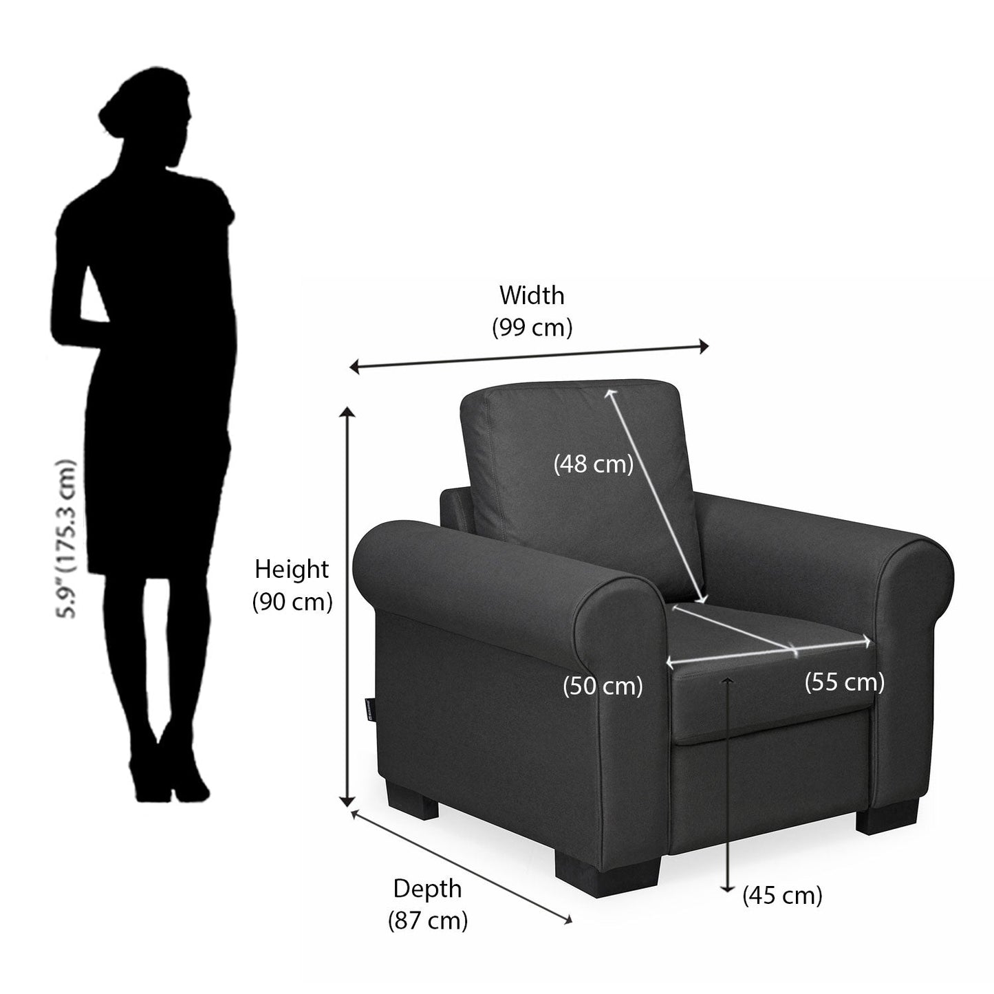 Nilkamal Array 1 Seater Bill Arm Sofa (Dark Grey)