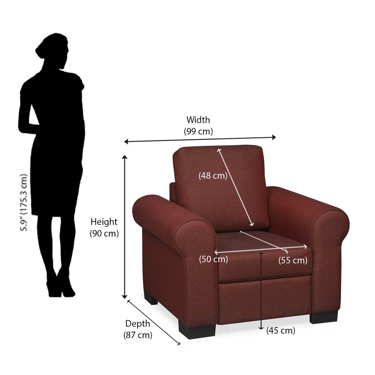 Nilkamal Array 1 Seater Bill Arm Sofa (Maroon)