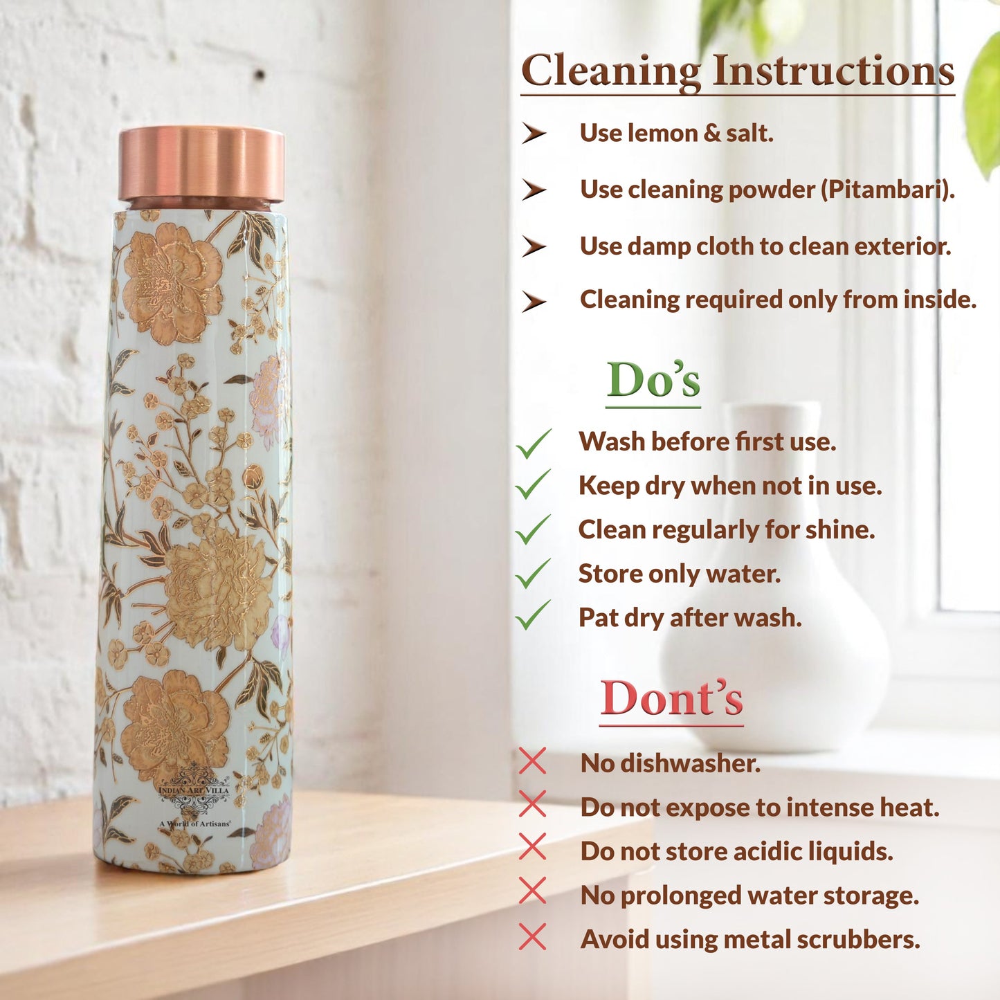 Pure Copper Water Bottle with Pyramid Shape Gold Print Design, 800 ML