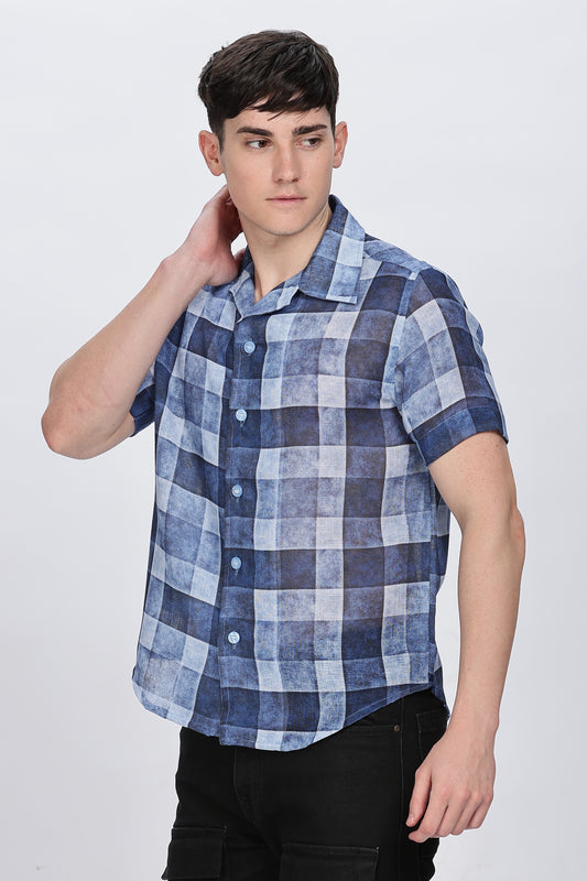 Regular Fit Printed Collar Casual Blue Linen Shirt