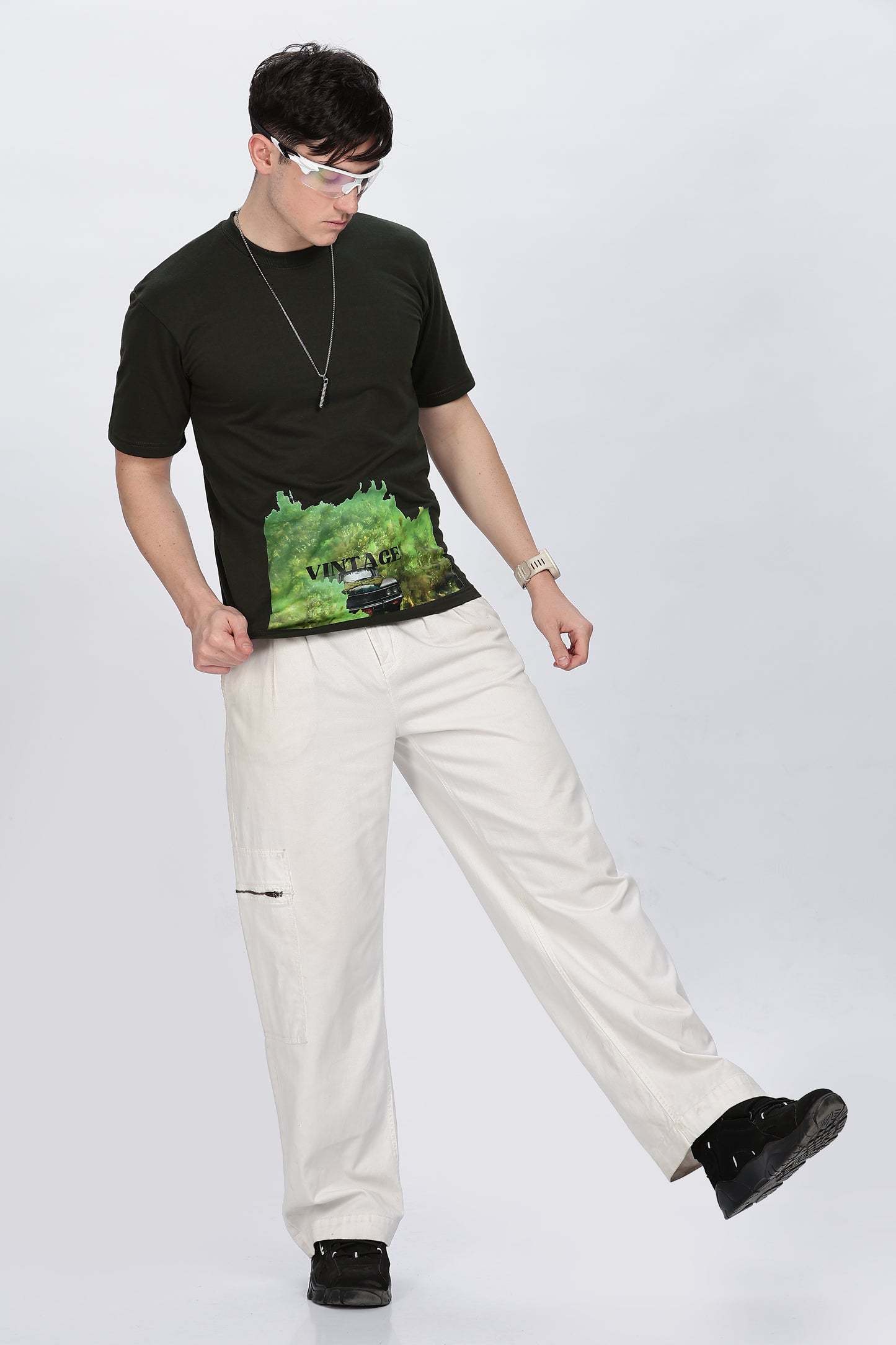 Printed Men Round Neck Dark Green T-Shirt