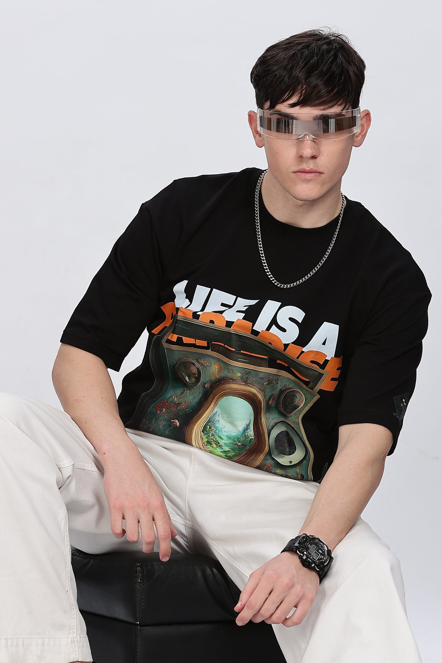 Printed Men Round Neck Black T-Shirt