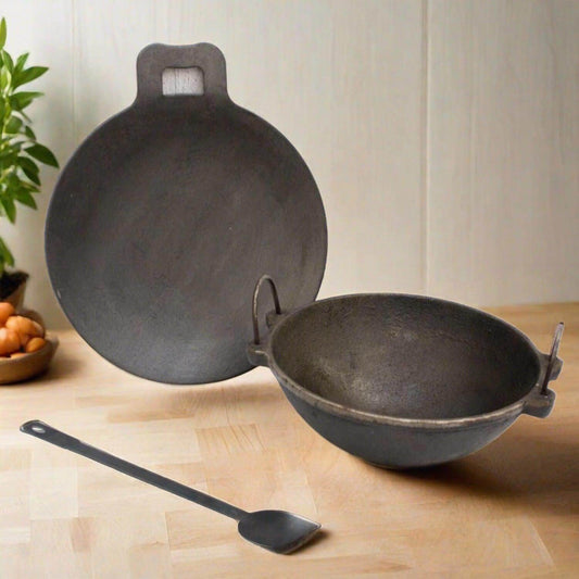 Cast Iron Kadai, Iron Tawa, Iron ladle Cookware Set