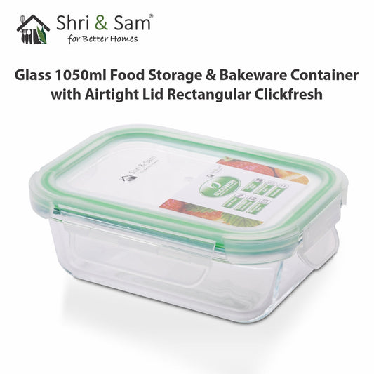Glass 1050ml Food Storage & Bakeware Container with Airtight Lid Rectangular Clickfresh