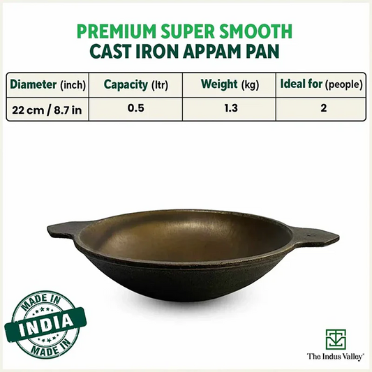 Super Smooth Cast Iron Appam Pan/Appachetty, Pre-seasoned, Nonstick, 100% Pure, Toxin-free, 22cm, 1.9kg