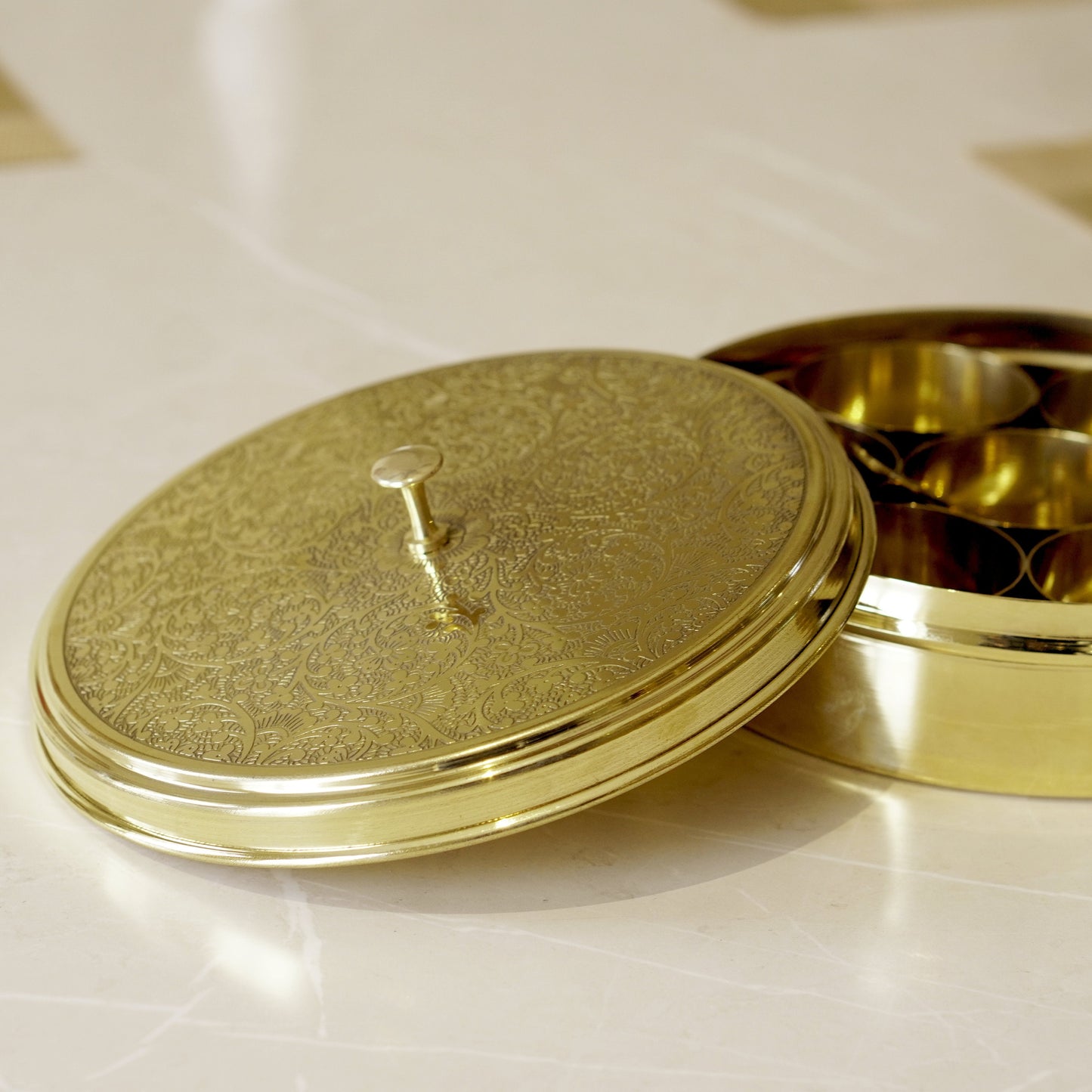 Etched Brass Masala/ Spice Box (7 Inch)