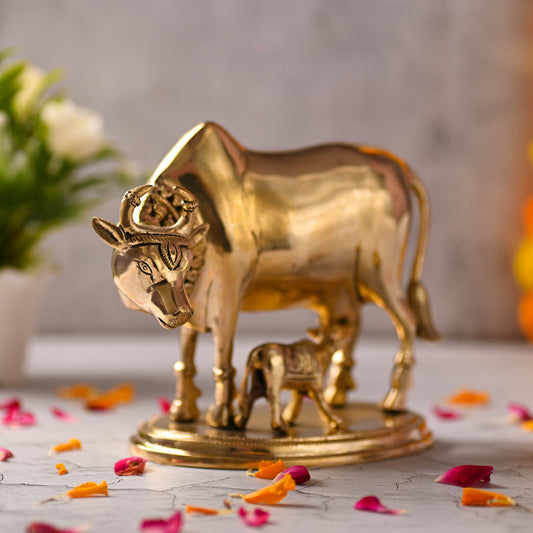 Brass Kamdhenu Cow with Calf Idol – Symbol of Abundance and Devotion (6.5 Inch)