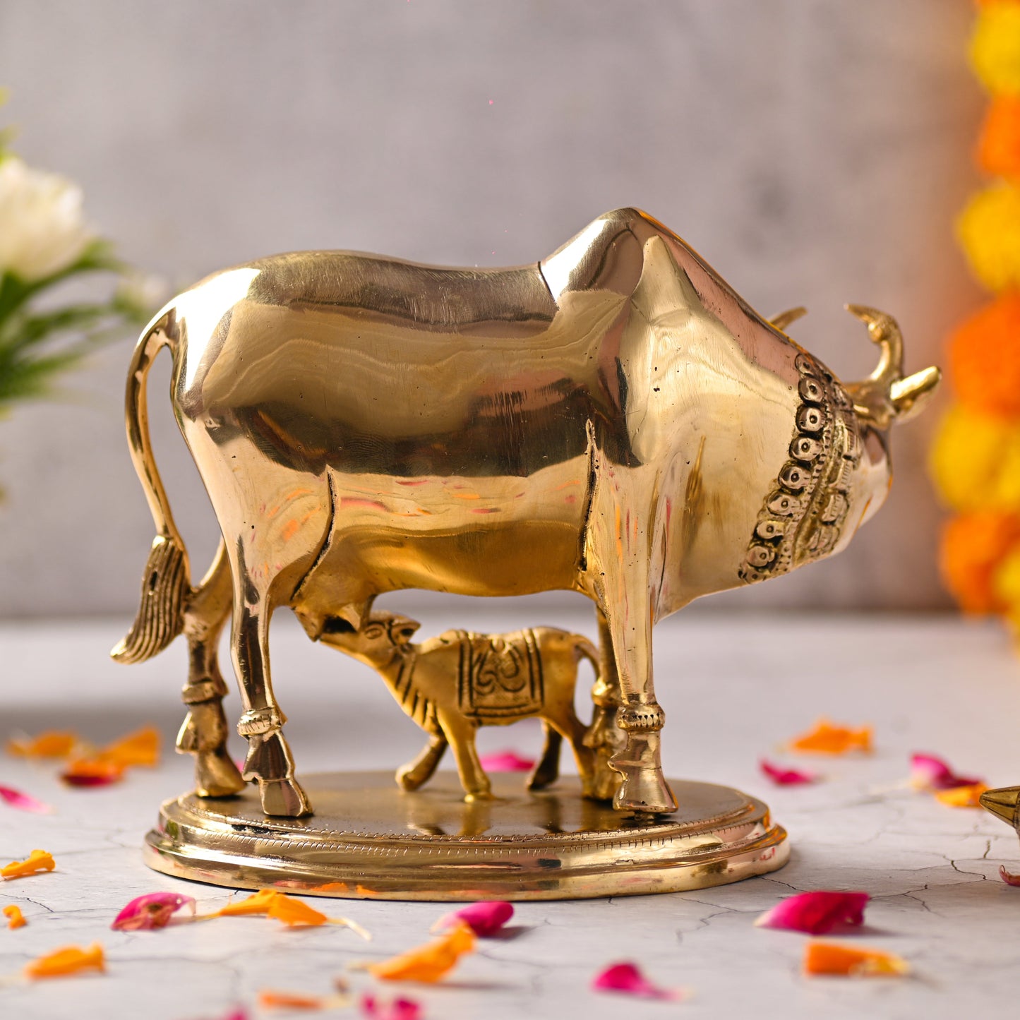 Brass Kamdhenu Cow with Calf Idol – Symbol of Abundance and Devotion (6.5 Inch)