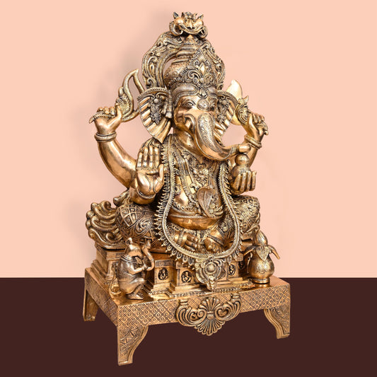 Brass Chowki Ganesha Statue (34 Inch)