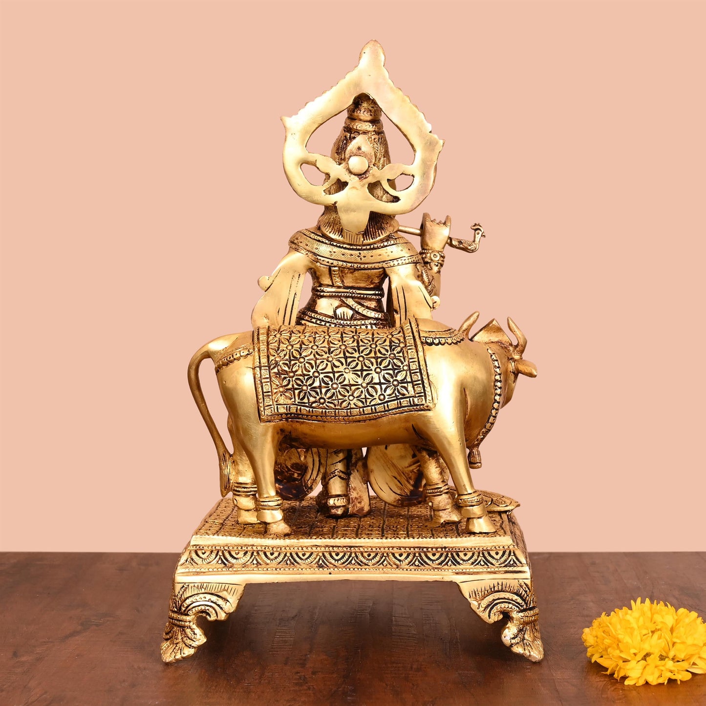 Brass Lord Krishna With Cow Idol (13.5 Inch)