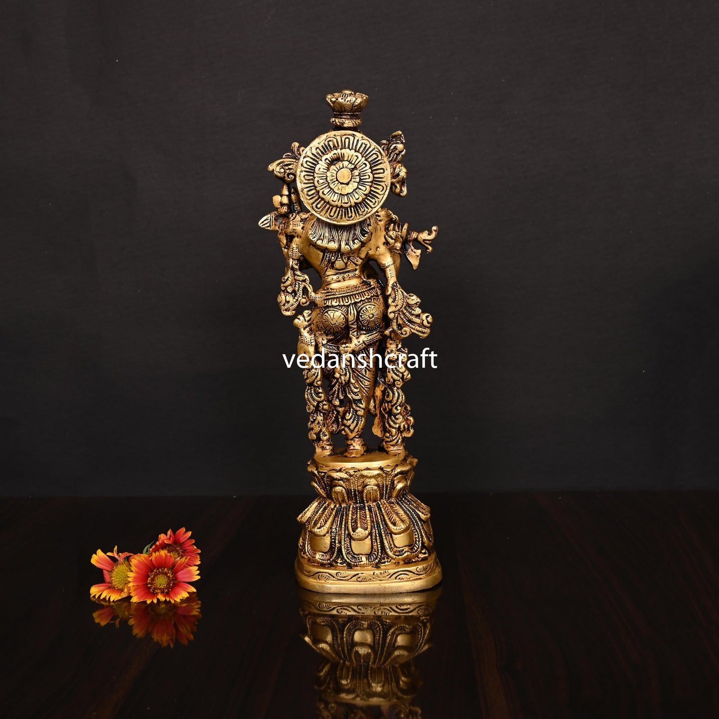 Brass Lord Krishna With Base Idol/Statue (14 Inch)