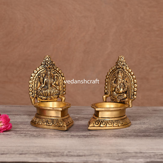 Brass Lakshmi And Ganesha Diya Set (4.5 Inch)