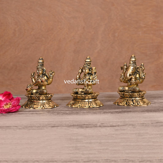 Brass Ganesha Lakshmi Saraswati On Lotus (3 Inch)