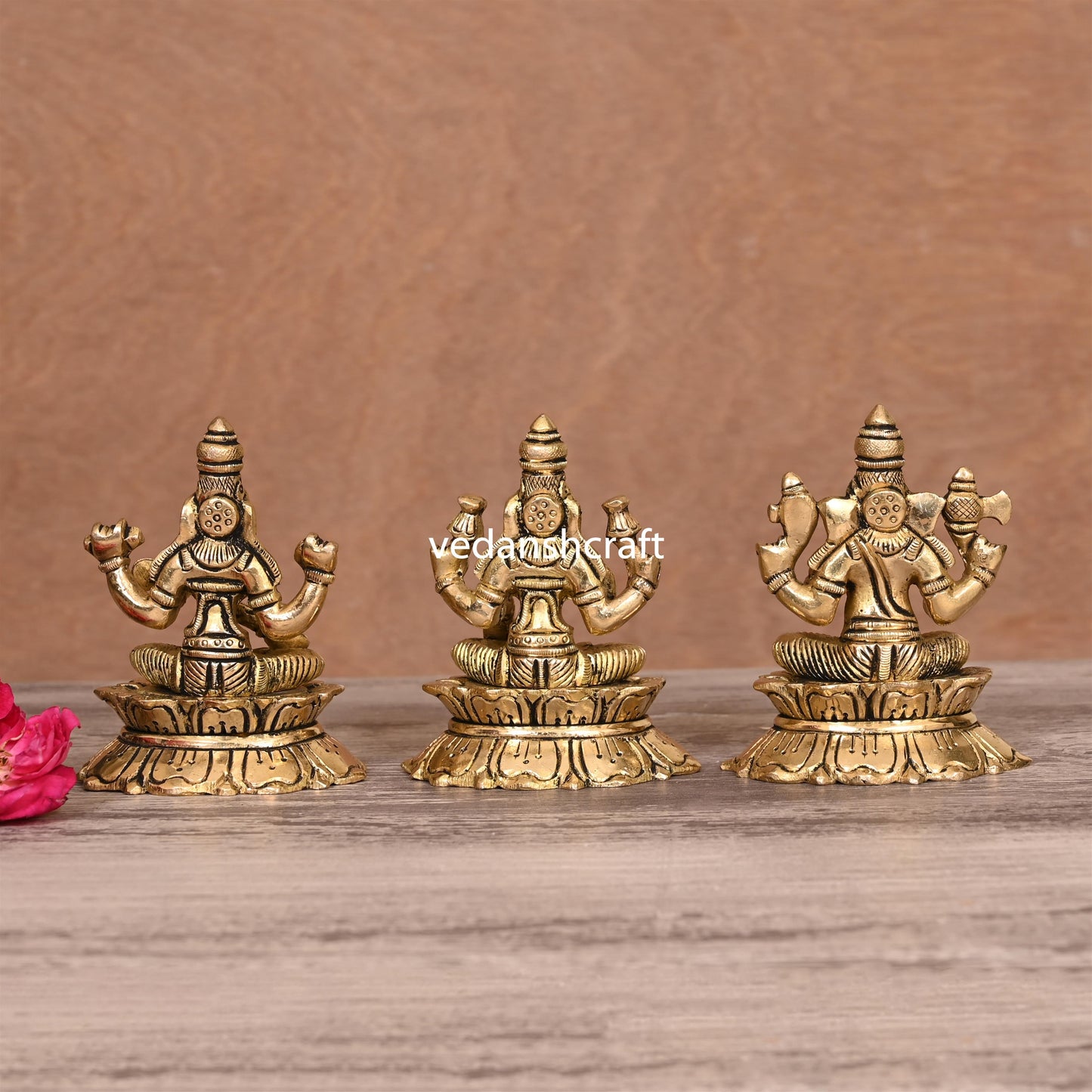 Brass Ganesha Lakshmi Saraswati On Lotus (3 Inch)