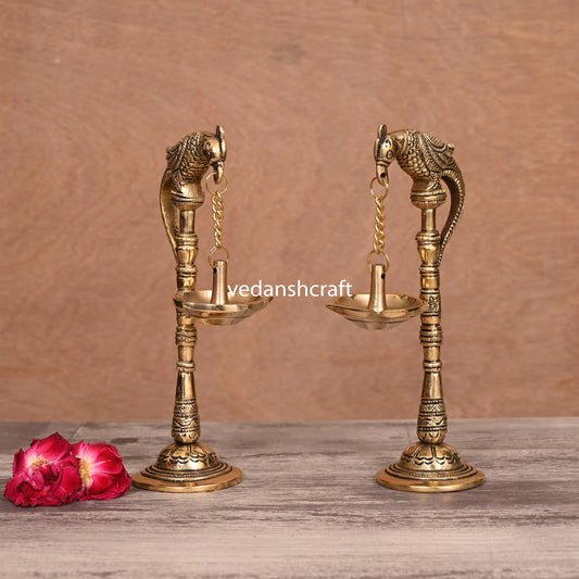 Brass Peacock Hanging Diya Pair (11 Inch)