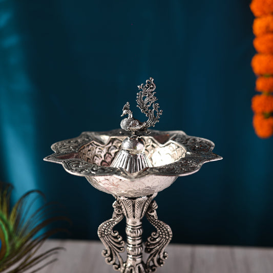 Silver plated Brass Peacock Five Patel Diya (10.5 INCH)
