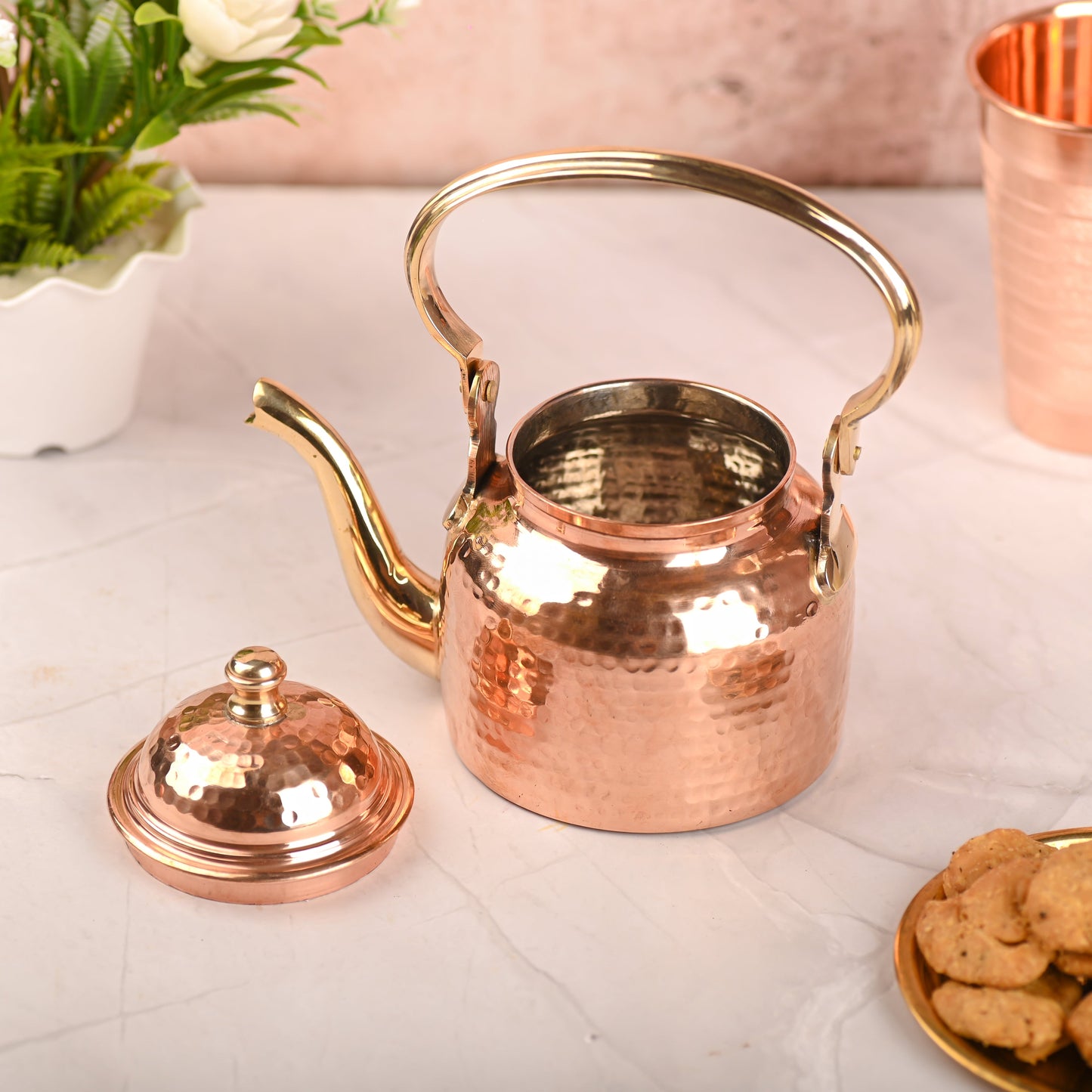 Copper Hammered Tea Kettle Pot – Traditional Indian Drinkware (5.4 Inch)