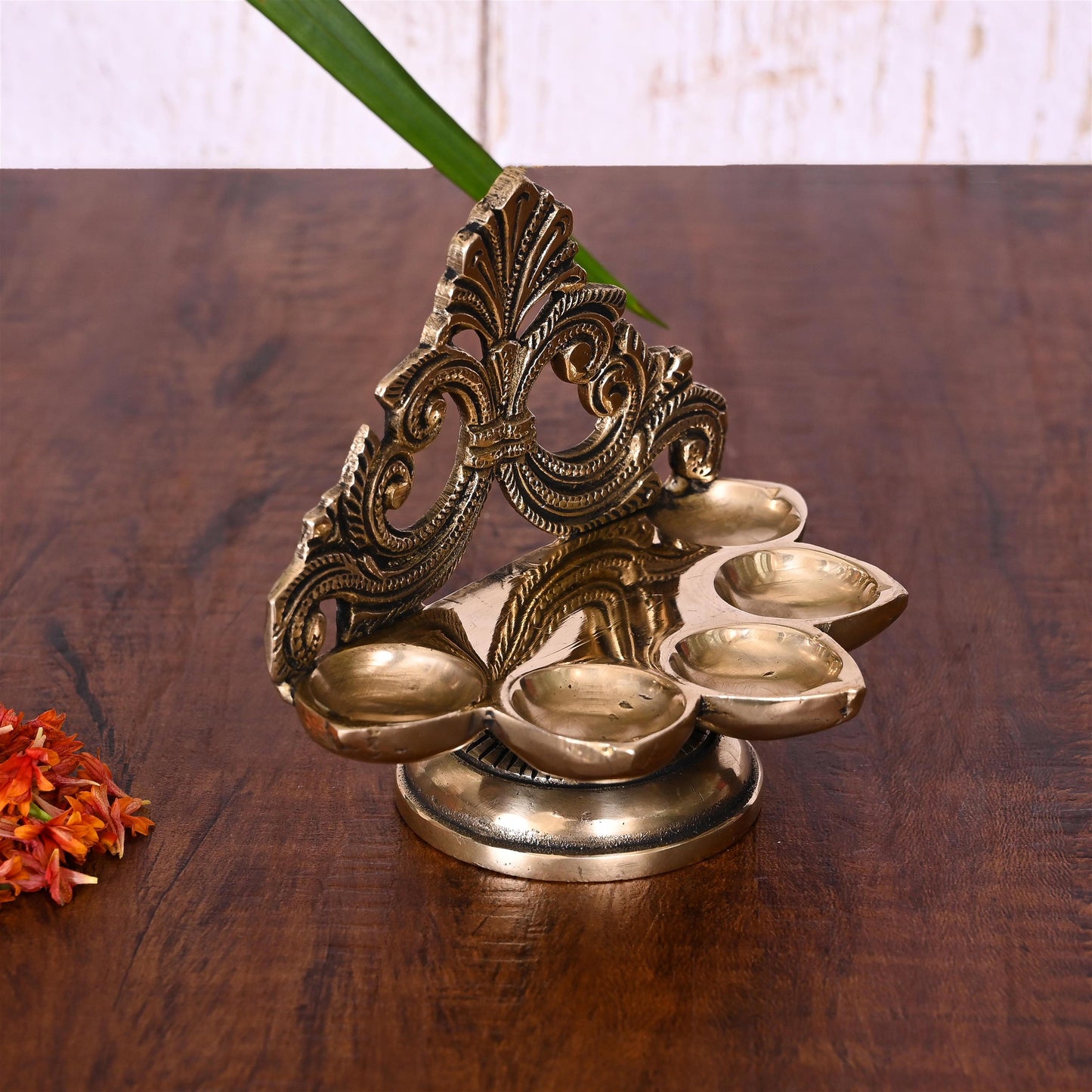 Brass Ethnic Handcarved Five Petal Diya (4 Inch)