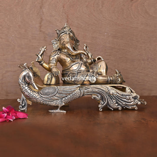 Brass Ganesha Resting On Peacock Couch (7.7 Inch)