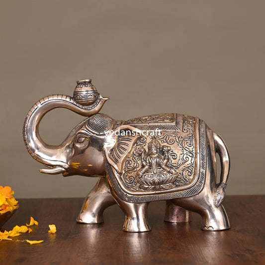 Brass Royal Elephant With Ganesha And Lakshmi Carving (6.5 Inch)