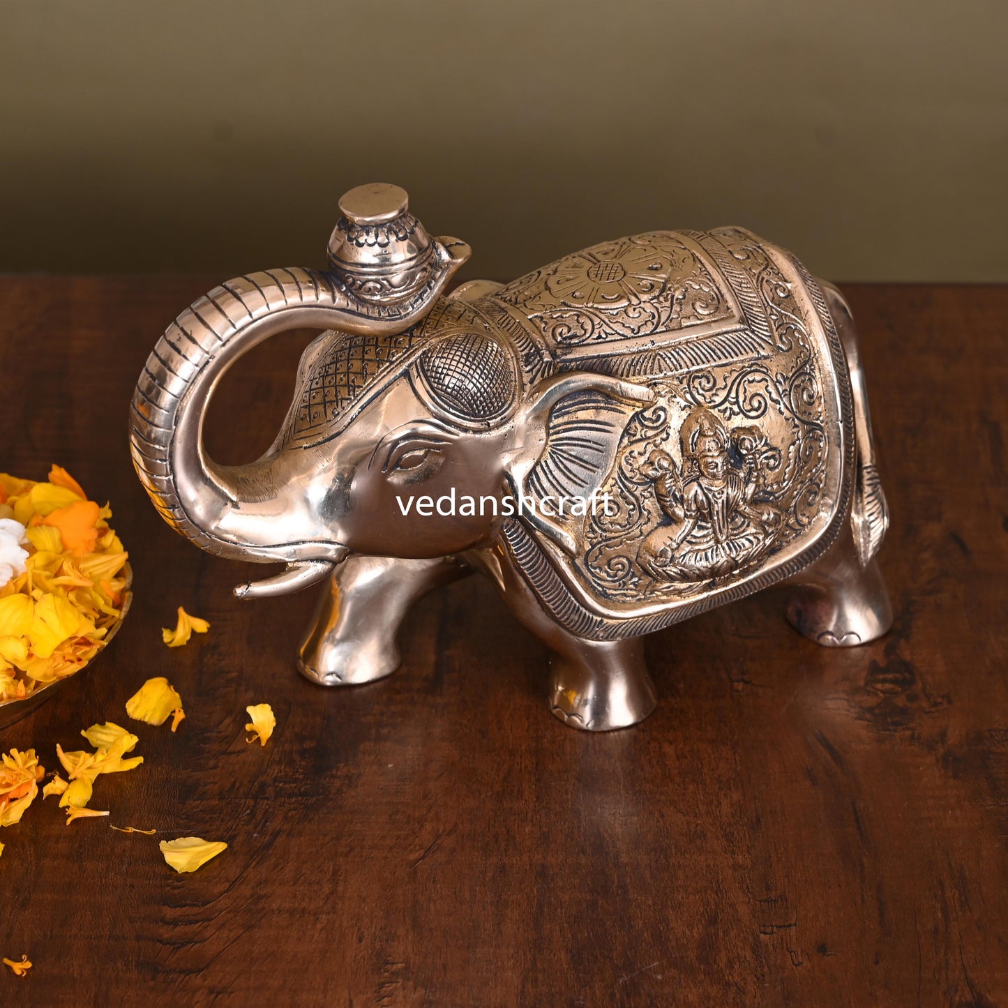 Brass Royal Elephant With Ganesha And Lakshmi Carving (6.5 Inch)