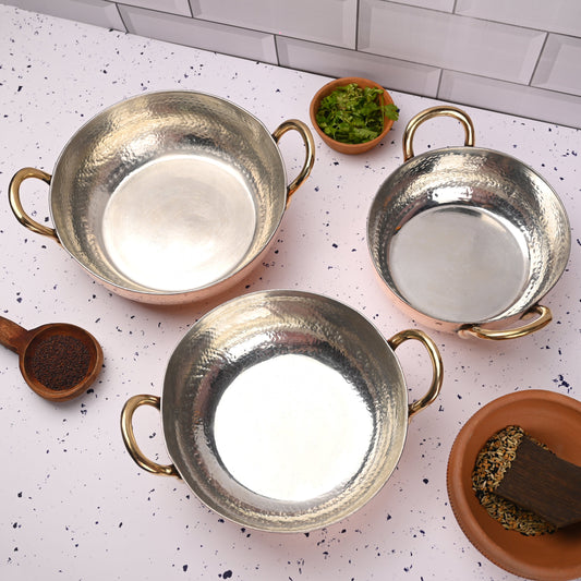 Copper Handcrafted Kadhai Set of Three – Premium Brassware