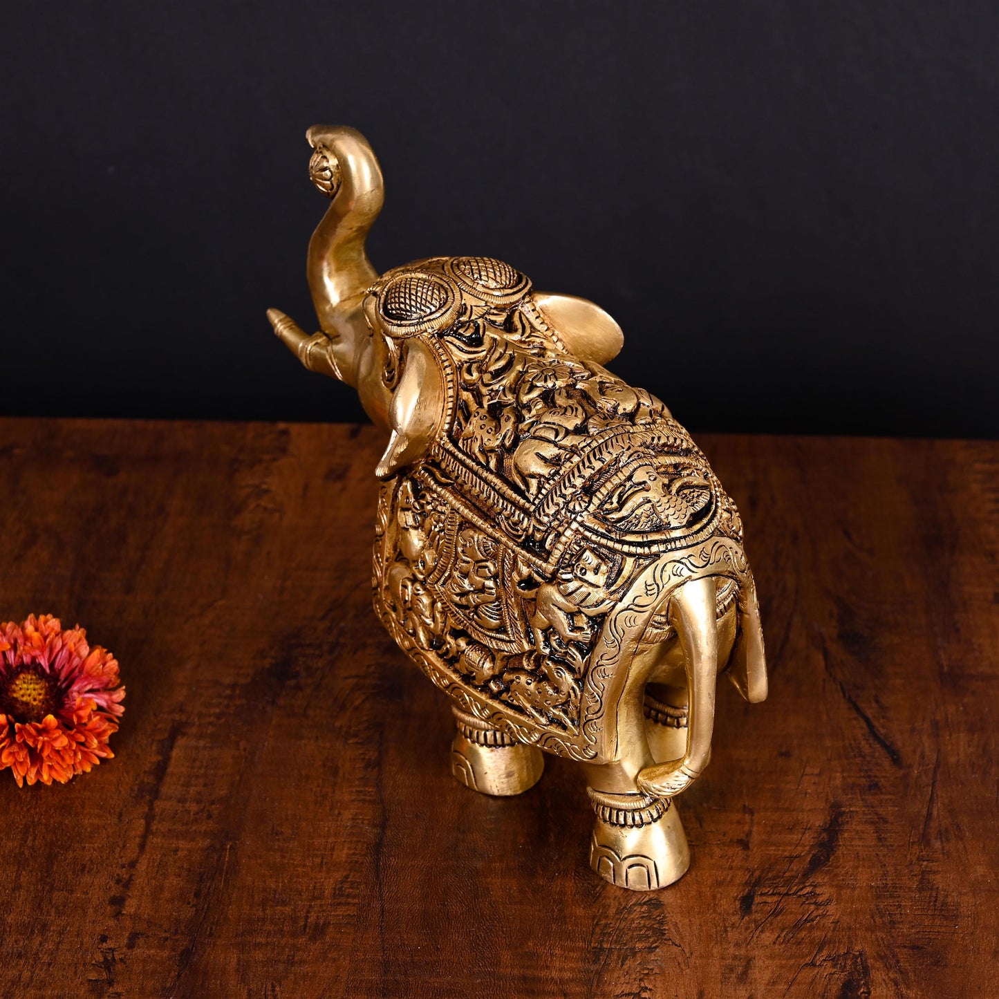 Brass Superfine Elephant With Ganesha And Animals Carving (7.5 Inch)