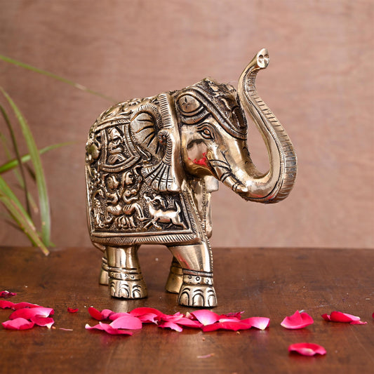 Brass Royal Elephant With Ganesha And Wildlife Carving (6 Inch)