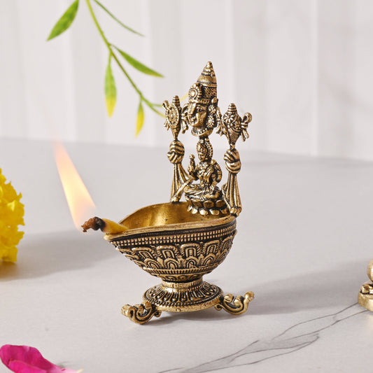 Brass Vishnu Lakshmi Diya – Traditional Pooja Decor (2.9 Inch)