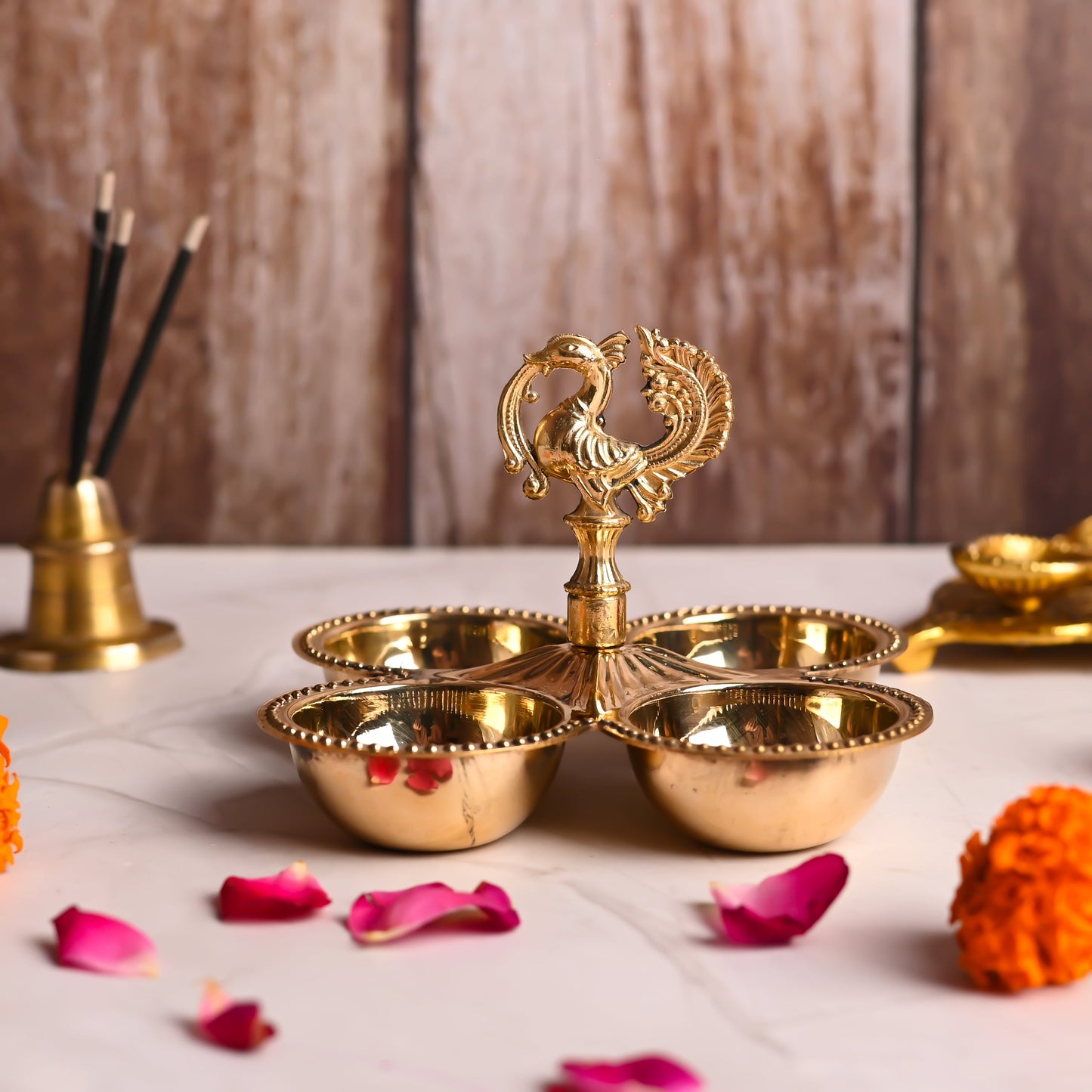 Brass Peacock Design Four Petal Chopra / Pooja Plate (3.5 Inch)