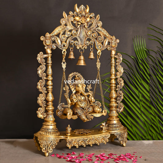 Brass Superfine Ganesha On Swing With Hanging Bells (25.5")