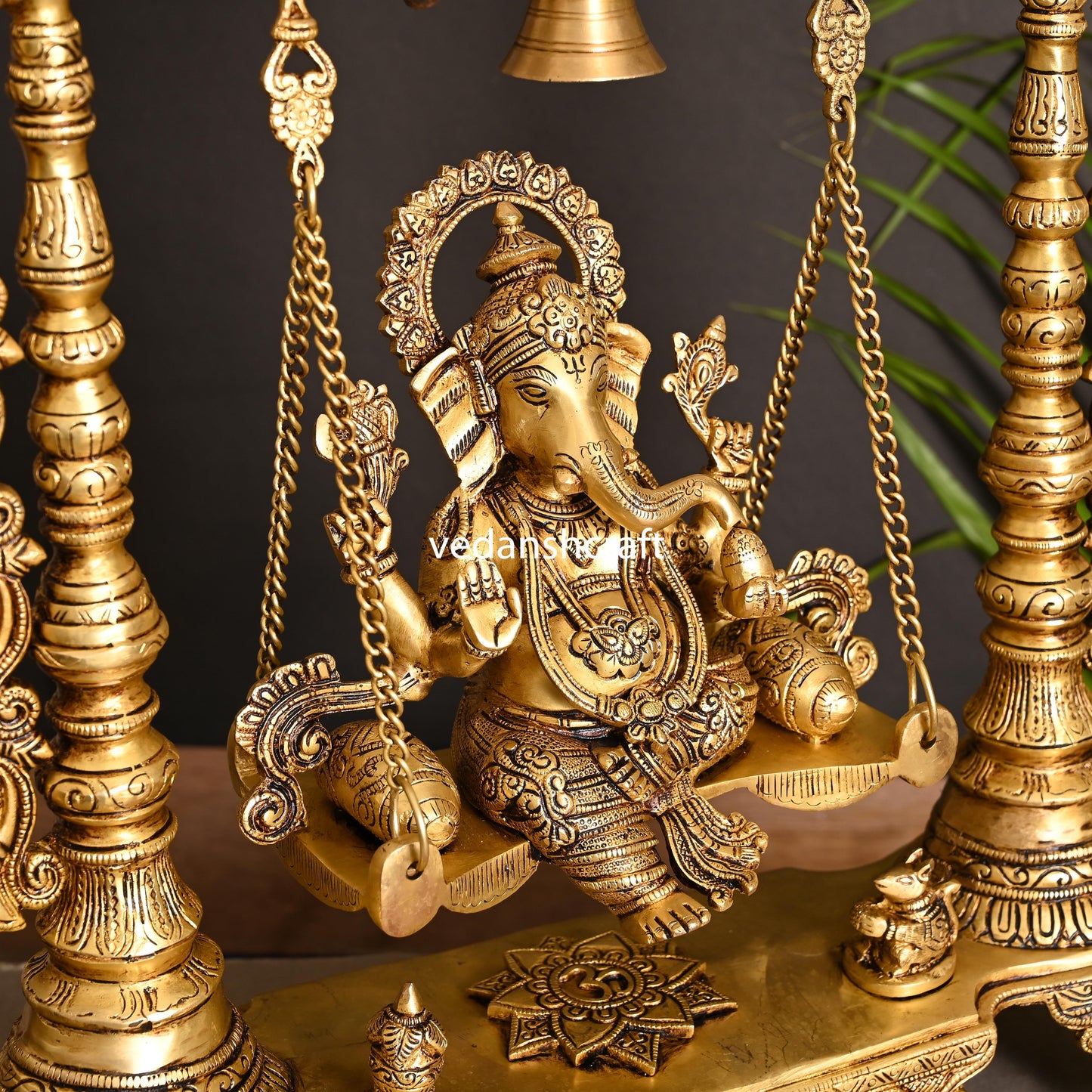 Brass Superfine Ganesha On Swing With Hanging Bells (25.5")