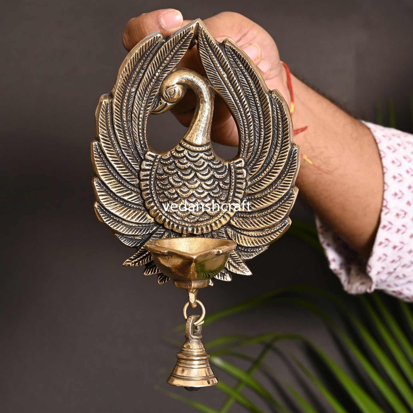 Brass Peacock Wall Hanging Diya With Bell (8 Inch)