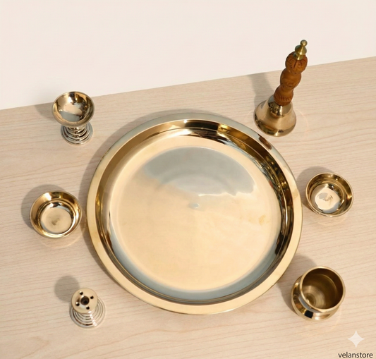 शुद्ध कांसे की 7 पीस की पूजा थाली का सेट - पूजा अनुष्ठानों के लिए बिल्कुल उपयुक्त