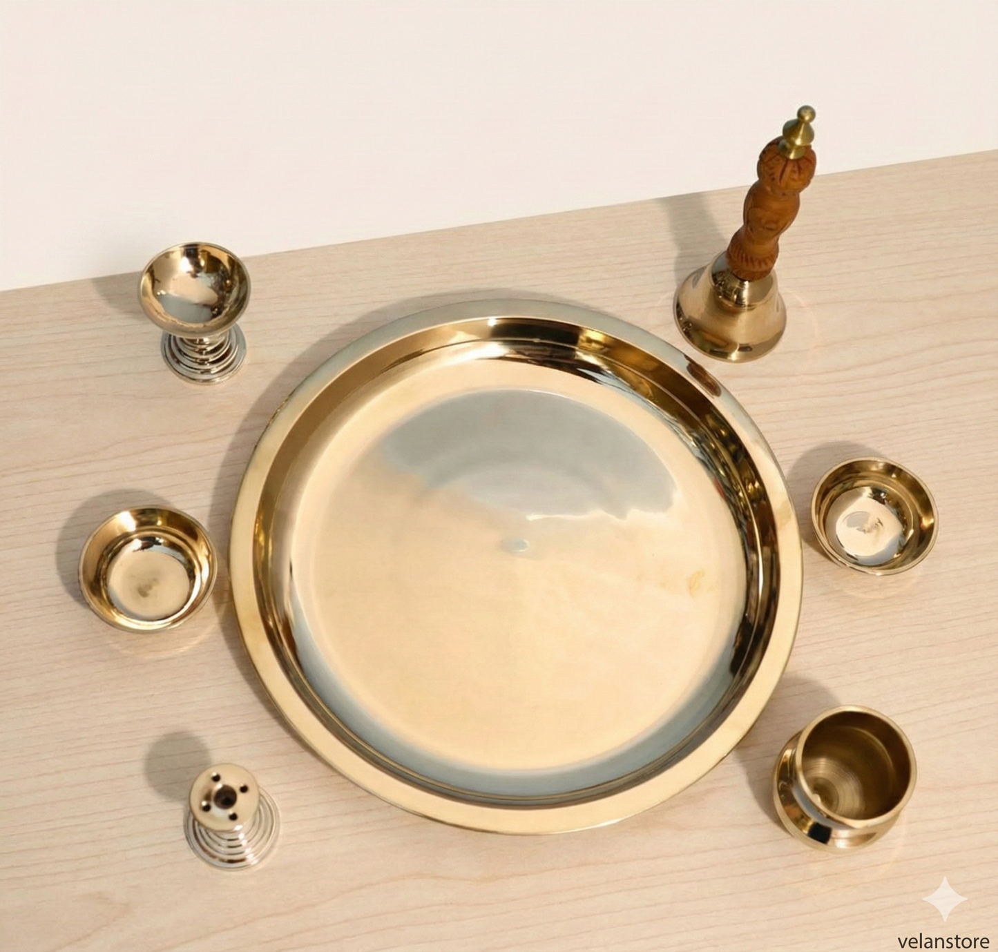 शुद्ध कांसे की 7 पीस की पूजा थाली का सेट - पूजा अनुष्ठानों के लिए बिल्कुल उपयुक्त