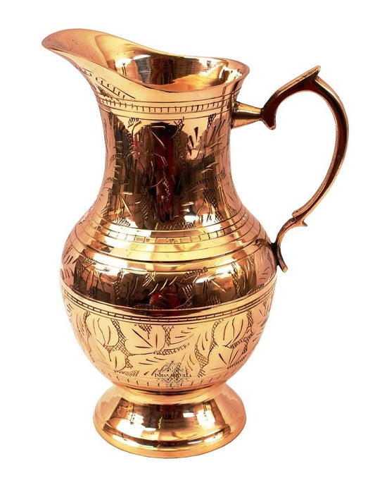 Handmade Pure Brass Jug Pitcher with Glass Set with Mughlai Style, Drinkware, Tableware