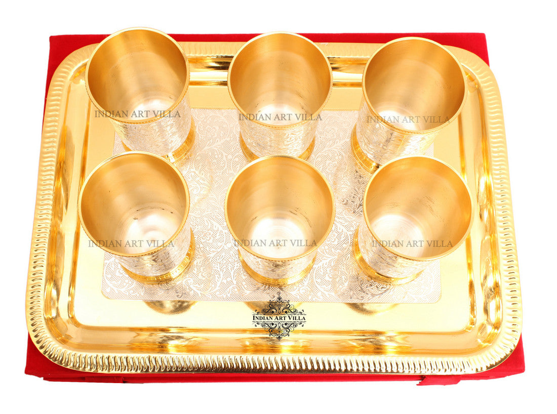 Handcrafted Pure Silver Plated Gold Polished 6 Glass with 1 Tray