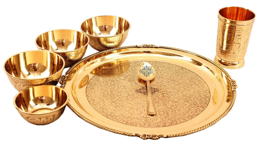 Brass Thali Dinner set of 7 pieces, Mughlai Style, Embossed Design | Dinnerware