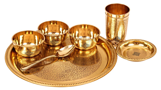 Brass Thali Dinner set of 7 Pieces, Mughlai Style, Embossed Design, Beaded Lining | Dinnerware