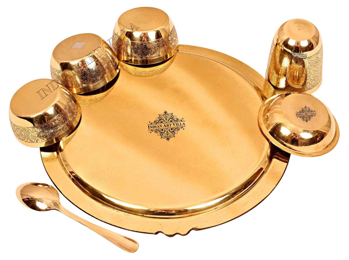 Brass Thali Dinner set of 7 Pieces, Mughlai Style, Embossed Design | Dinnerware