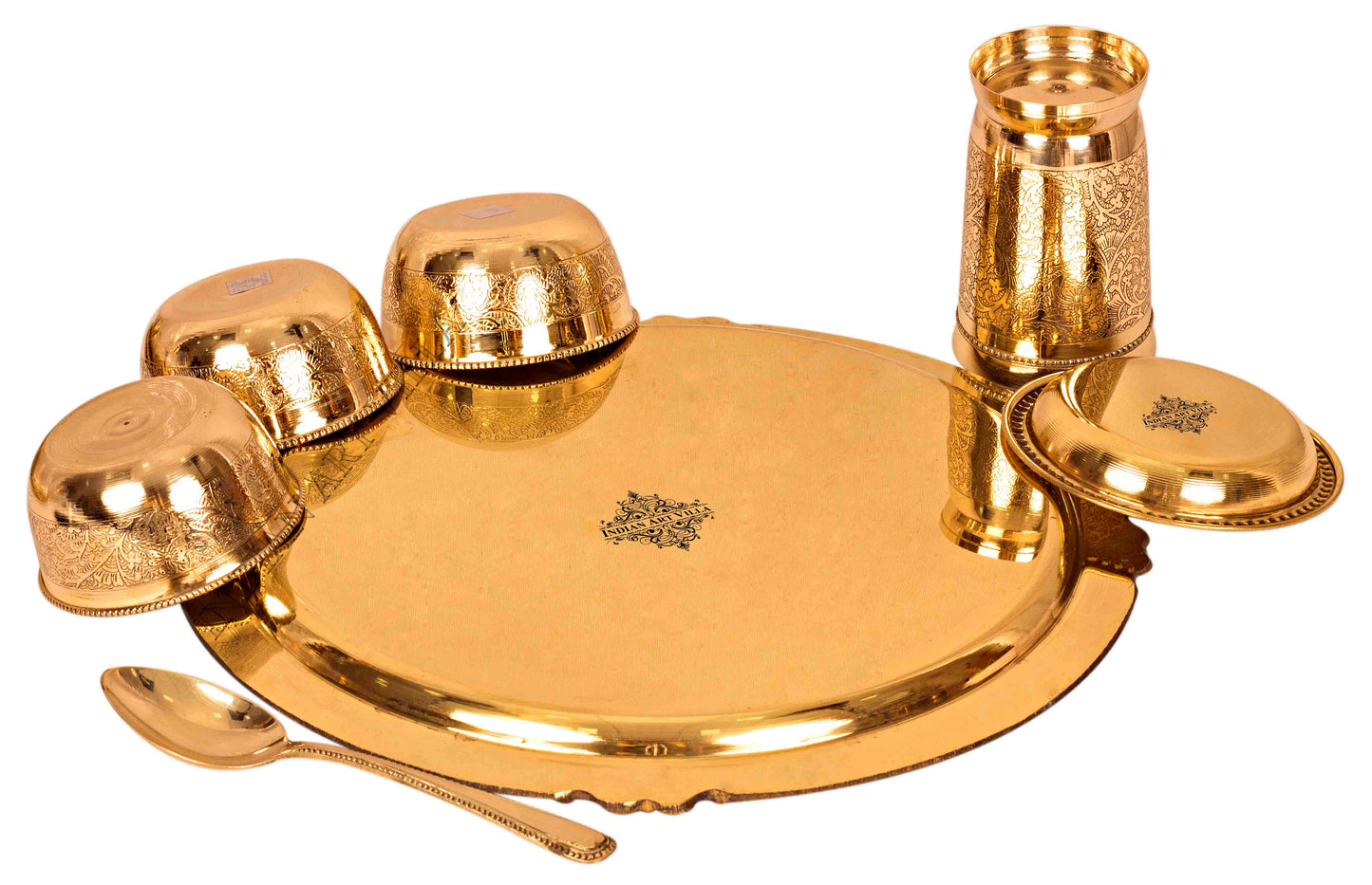 Brass Thali Dinner set of 7 Pieces, Mughlai Style, Embossed Design, Beaded Lining | Dinnerware