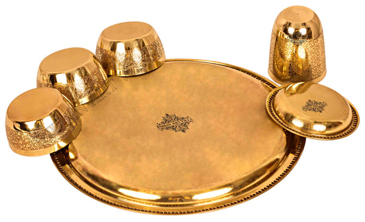 Brass Thali Dinner set of 7 Pieces, Mughlai Style, Embossed Design, Beaded Lining | Dinnerware