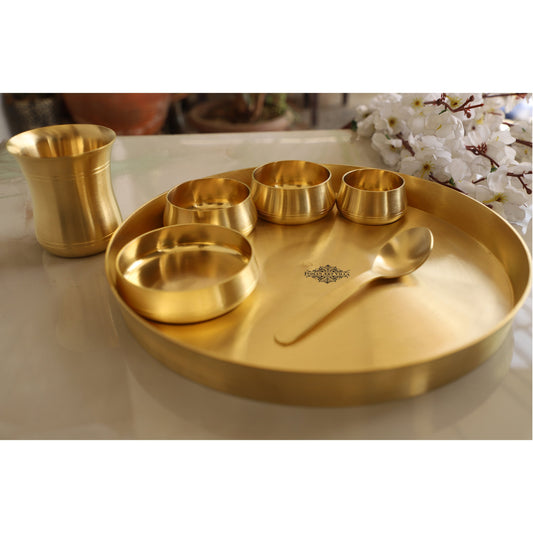 Brass 7 Pieces Dinner Set in Matt Finish, Set of 1 Thali, 1 Glass, 1 Spoon, 1 Halva Bowl, 2 Medium Bowl and 1 chutney bowl
