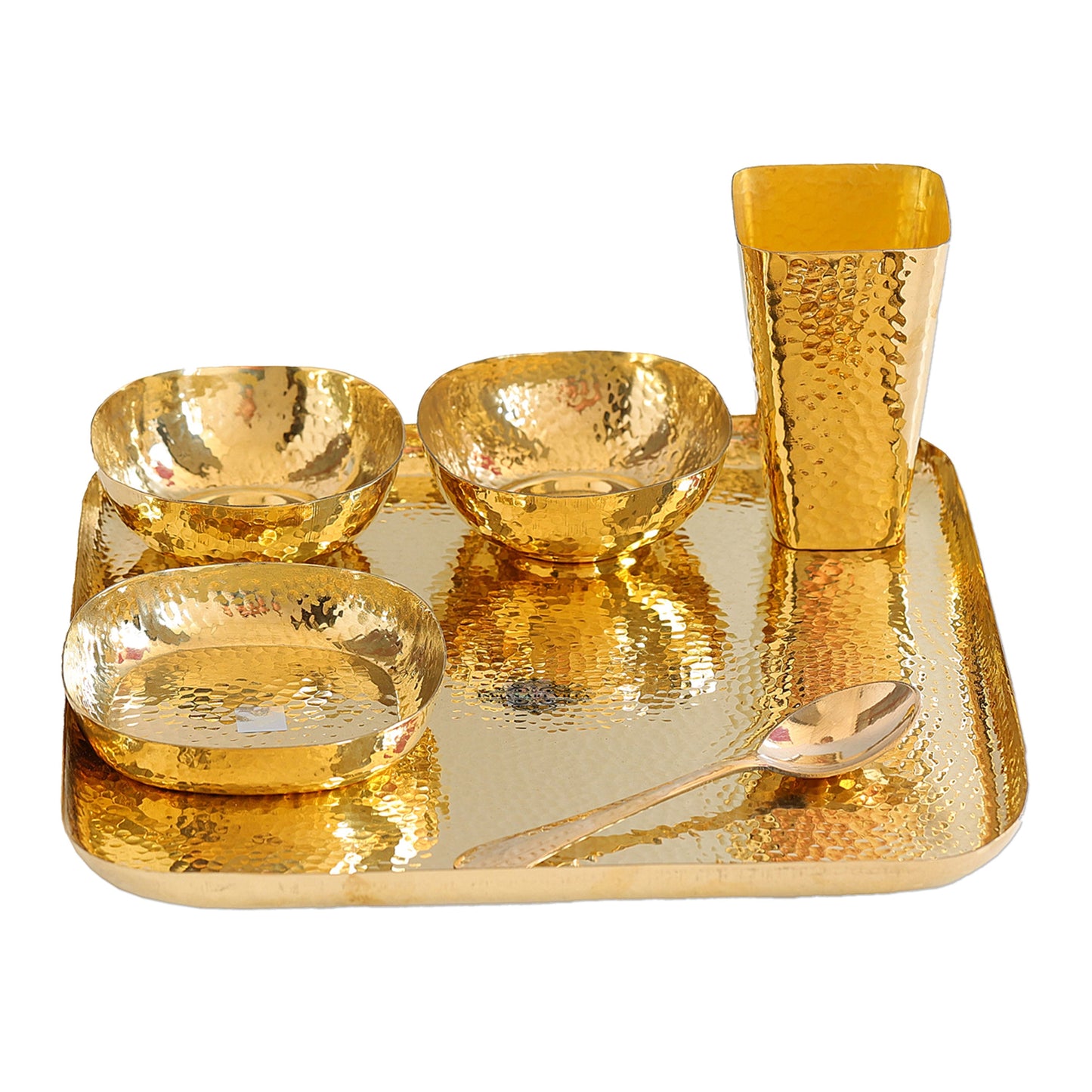 Brass Hammered Square 6 Pcs. Thali set, 1 Square Thali, 2 Bowls, 1 Rice Plate, 1 Spoon and 1 Glass