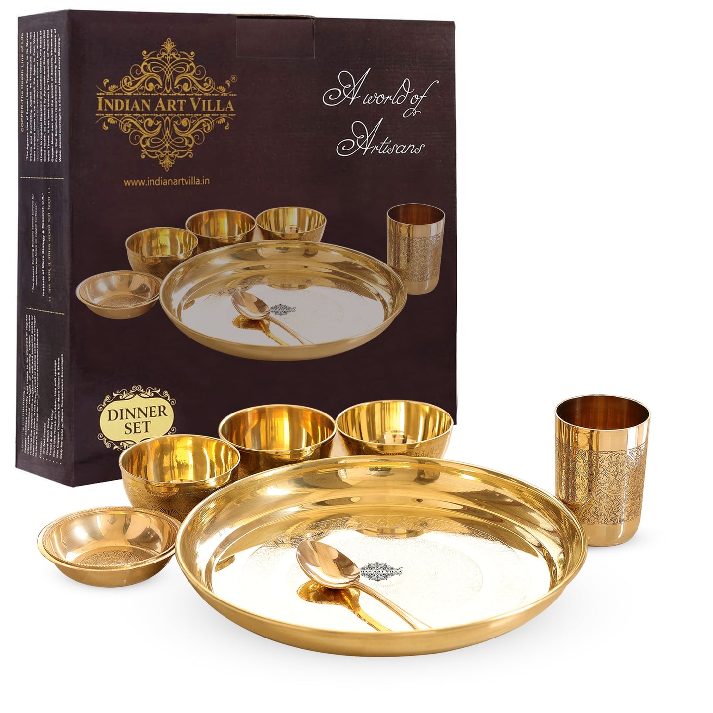 Handcrafted Pure Brass 7 Pieces Dinner set with Embossed Shine Finish Design, Dinnerware, Tableware