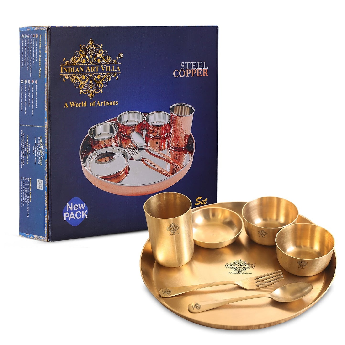 Handcrafted Pure Brass Dinner Set with Matt Finish Design, Dinnerware, Tableware, 7 Pieces Set