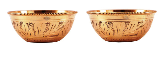 Handcrafted Pure Brass Engraved Shaped Dinner Bowl with Beaded Design, 100ml
