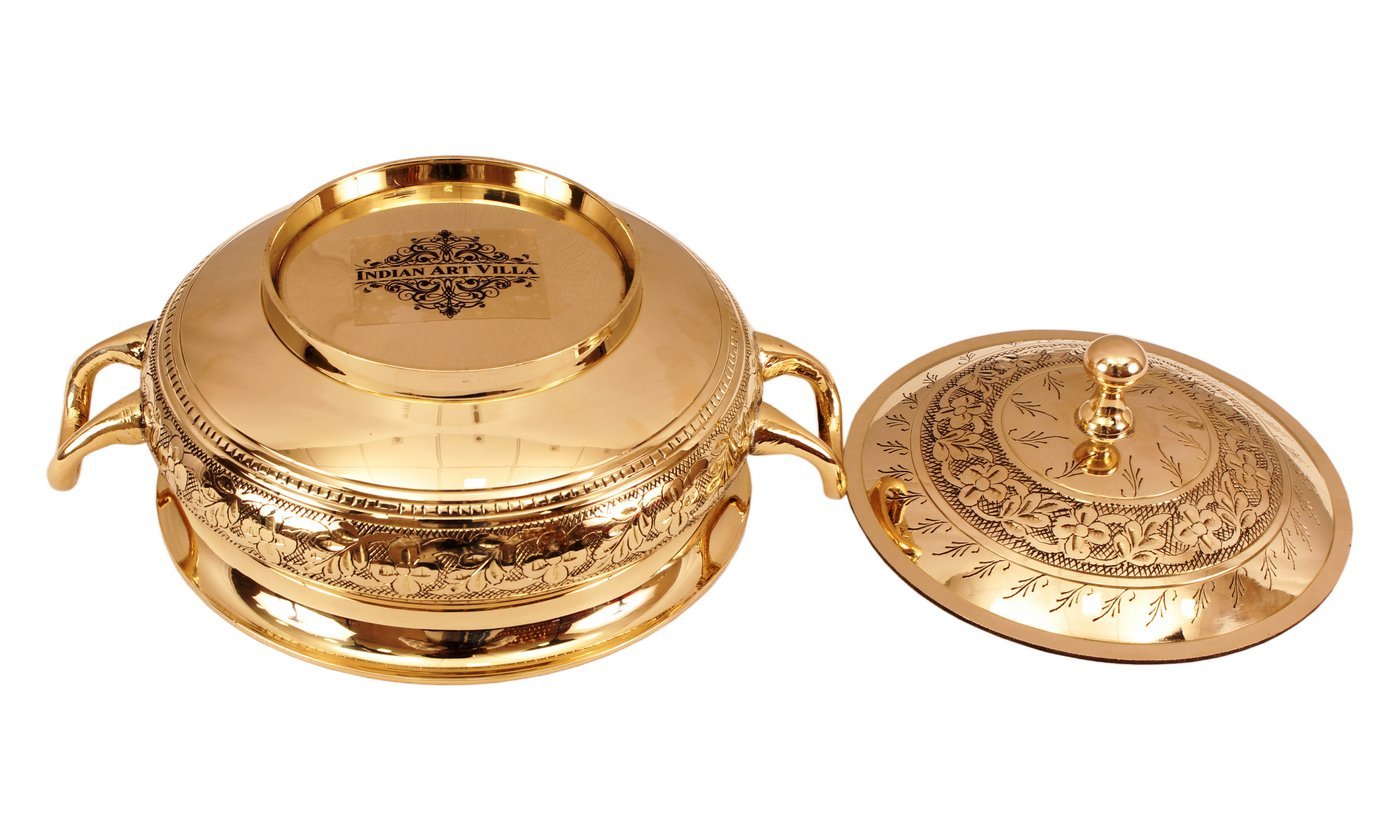 Pure Brass Engraved Floral Design Casserole, Mughlai Style, Serveware, Tableware
