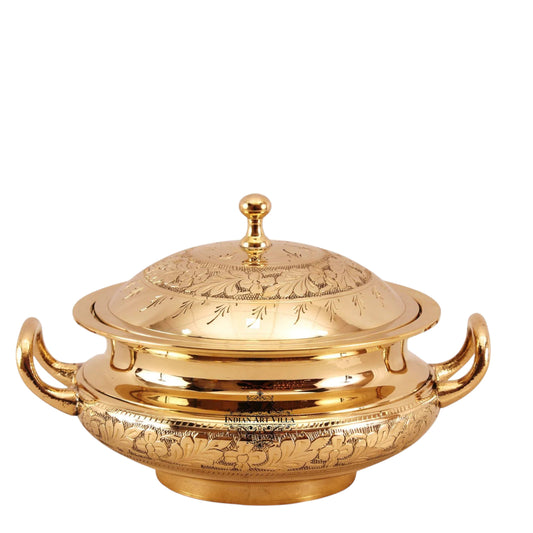 Pure Brass Engraved Floral Design Casserole, Mughlai Style, Serveware, Tableware