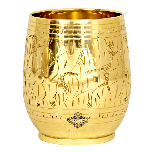 Handmade Pure Brass Engraving Leaf Design Glass Tumbler 300 ML